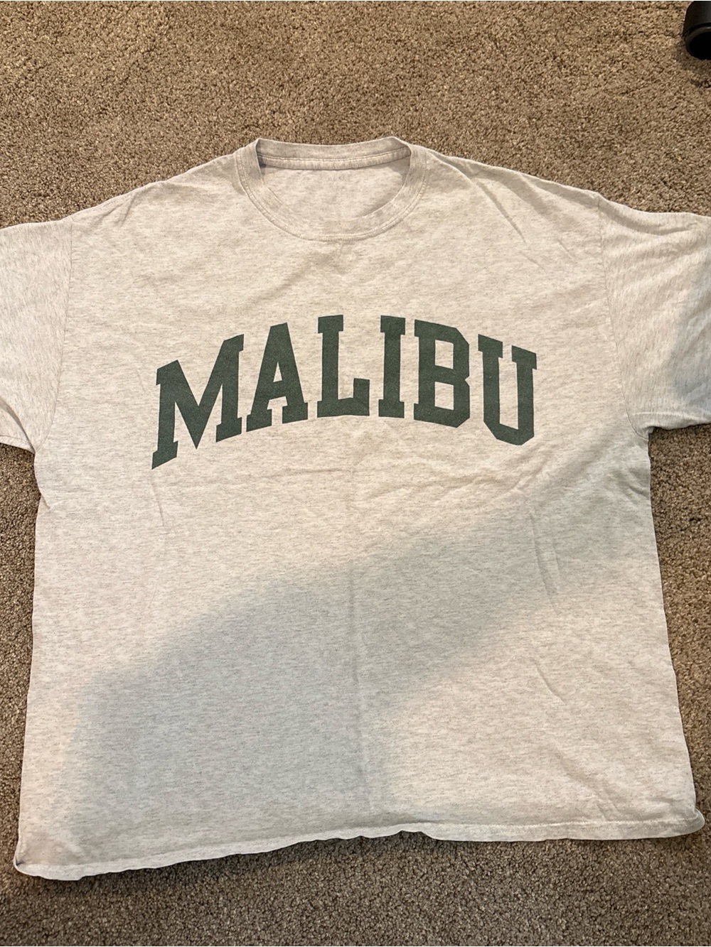 Brandy Melville Malibu Arch Logo Tee - Light Gray with Dark Green Print